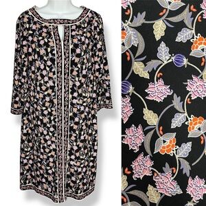 Wisp Dress Marnie Floral Black‎ Pink Shift Size 10 Cut-Out Neckline 3/4 Sleeves